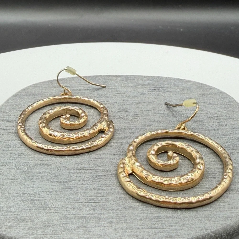 Gold Tone Hammered Spiral Dangle Earrings Large Swirl Boho Statement Jewelry